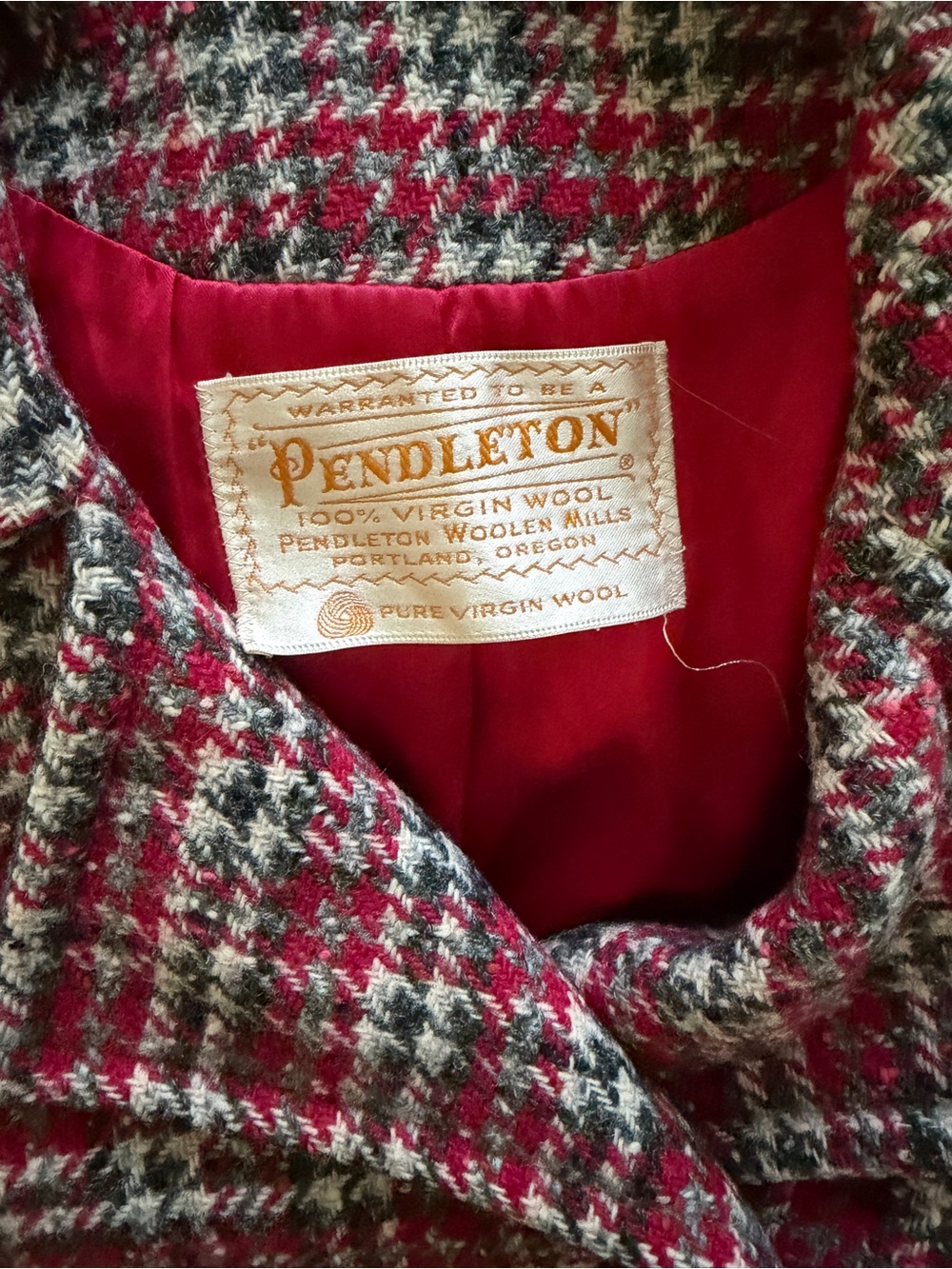 Pendleton Red & Cream Houndstooth Wool Double-Breasted Pea Coat - Picture 3 of 3